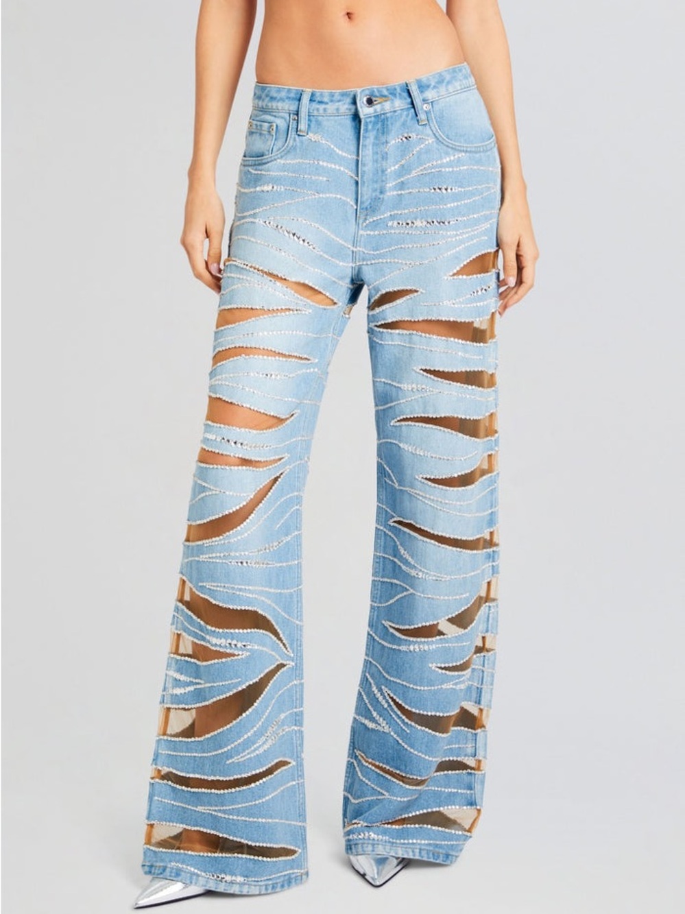 Light Wash Embellished Wide Leg Denim Jeans Sz S